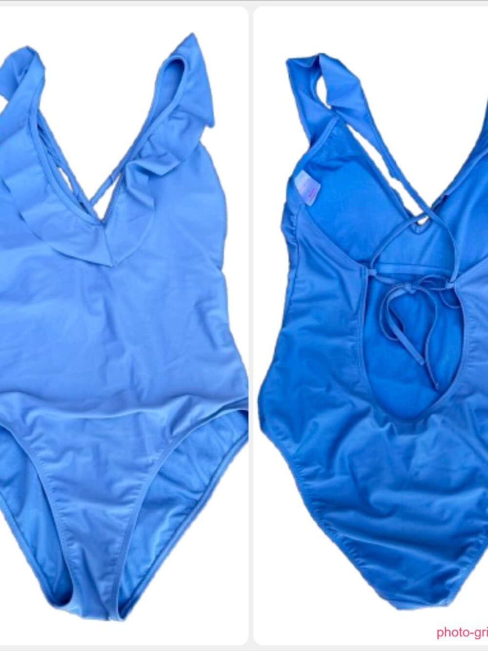 Xhilaration One Piece Swimsuit Large Blue Ruffle Trim Vneck Criss Cross Tie Back